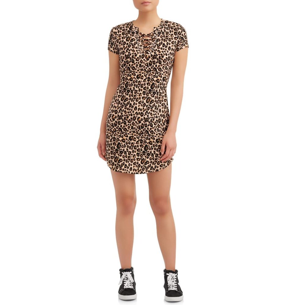 No Boundaries Juniors' Notch Neck Lace Up Leopard Print Dress